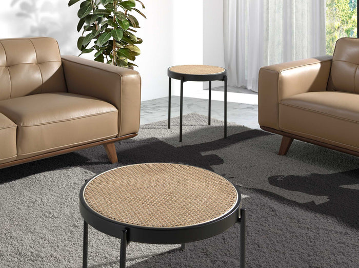 Tavolo angolare rotondo in rattan, legno nero e acciaio nero