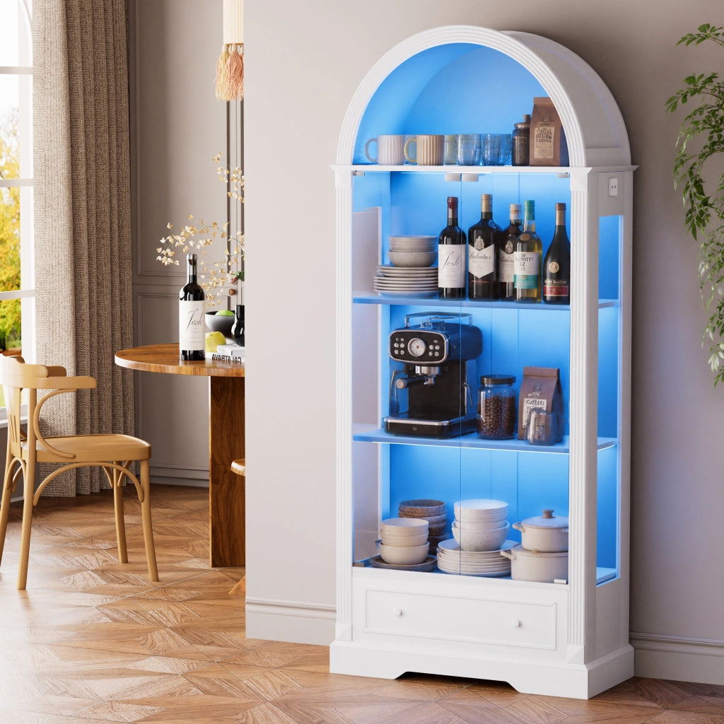 Vetrina ad arco con ante in vetro temperato e illuminazione LED MDF bianco