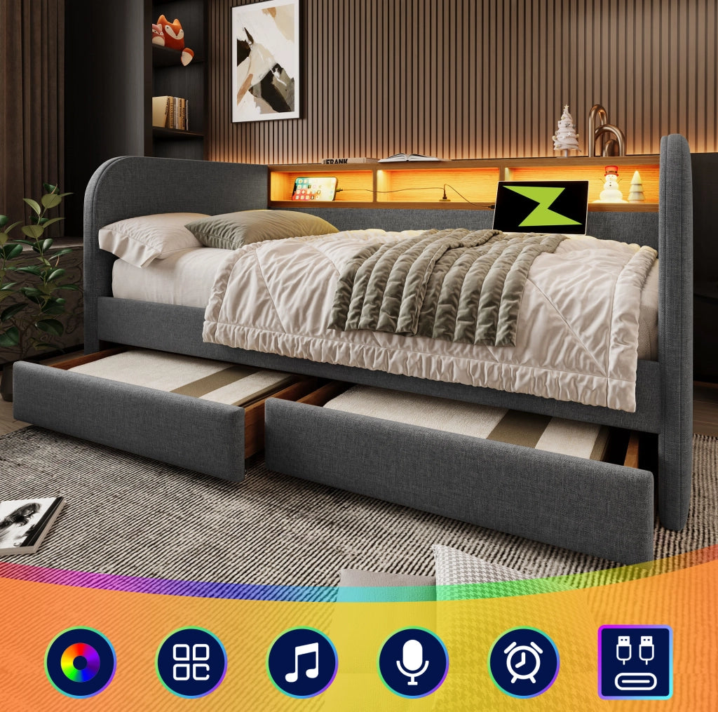 Letto imbottito 140x190 cm con LED, USB-C e 2 cassetti