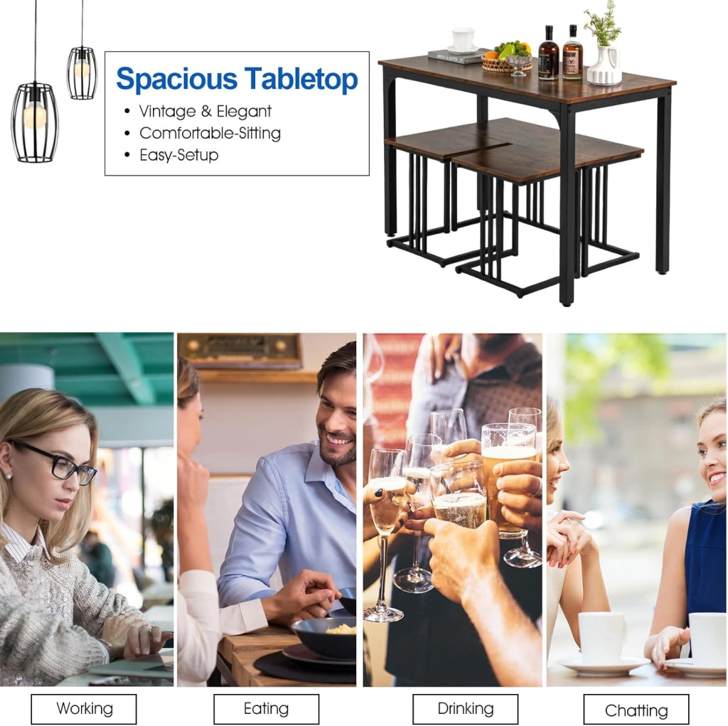 Set tavolo e sedia da pranzo 4 pezzi, tavolo da cucina 4 persone 120 x 60 x 75 con 1 panca e 2 sgabelli, struttura in metallo, per sala da pranzo, soggiorno, caffè (marrone)