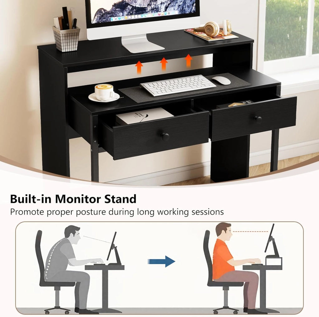 Scrivania per computer con piano estensibile, 100 x 63 x 88 cm, 2 cassetti e ripiano aperto, design compatto con ruote, tavolo da lavoro per camera da letto, ufficio (nero)