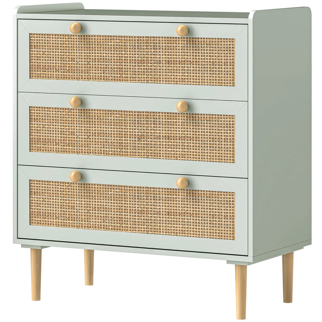 Cassettiera con 3 Cassetti, Fronte in Rattan, MDF ¨C zephmum ¨C Verde
