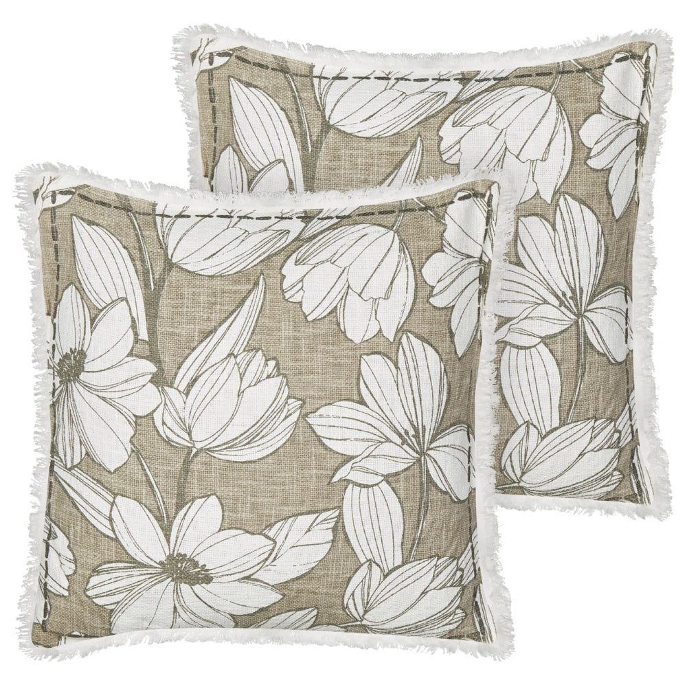 Set di 2 cuscini in cotone bianco e verde con motivo floreale e frange 45 x 45 cm con imbottitura stile boho