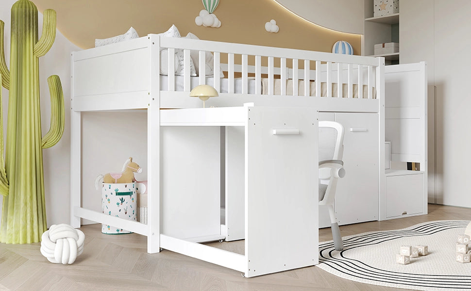 Letto a castello per bambini 90x200 cm in pino e MDF con scrivania e armadio; bianco