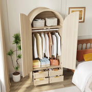 Armadio con ante curve, bastone appendiabiti e cassetti, in MDF rovere, per camera da letto e ingresso, 80 × 50 × 179 cm