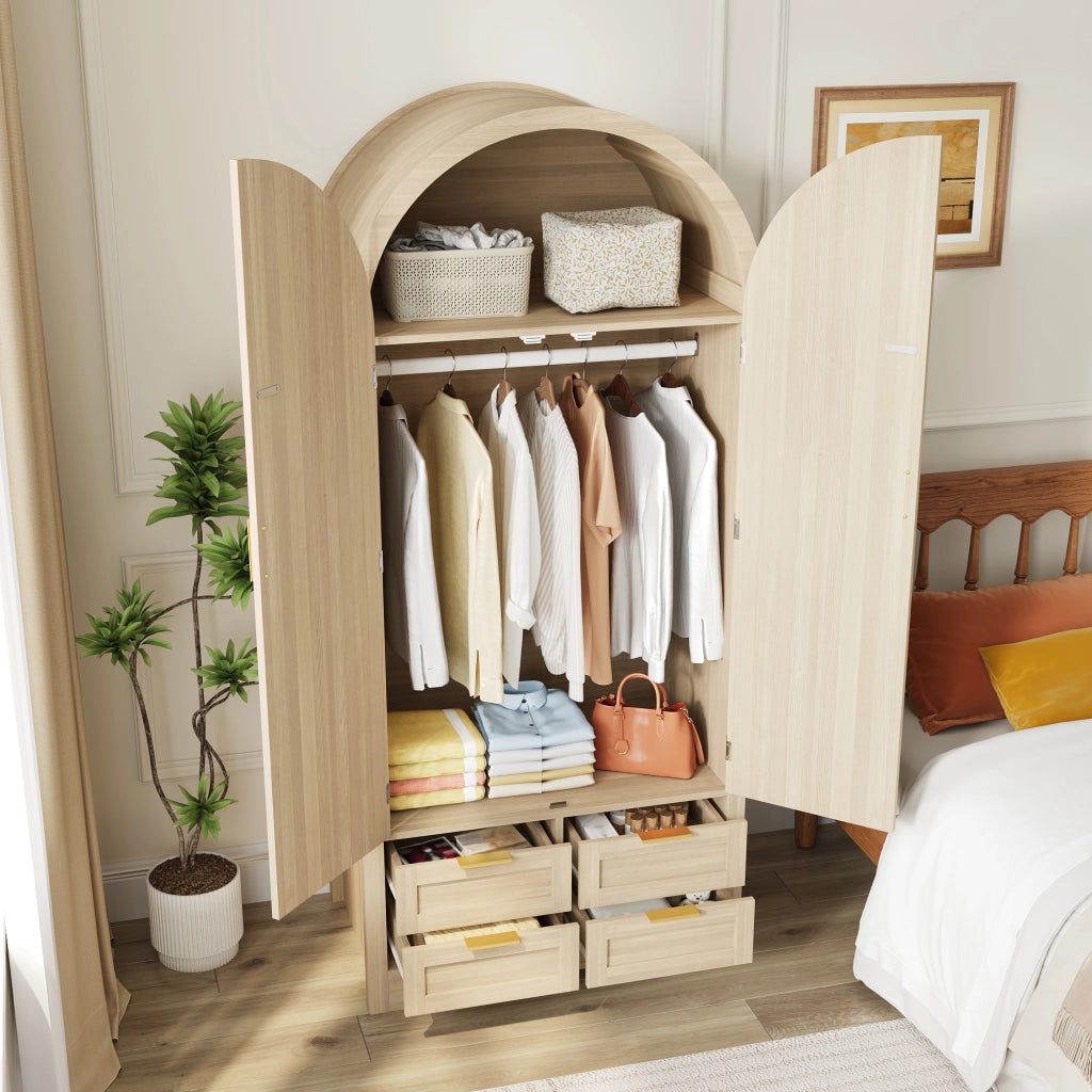 Armadio con ante curve, bastone appendiabiti e cassetti, in MDF rovere, per camera da letto e ingresso, 80 × 50 × 179 cm
