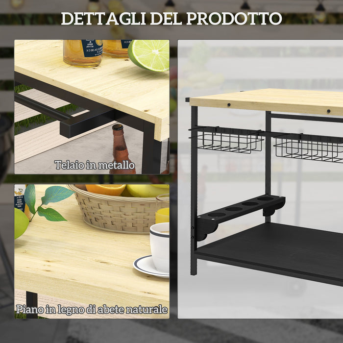 Carrello da Giardino a 2 Ripiani 97.5x65x81 cm con Portabottiglie in Legno di Abete