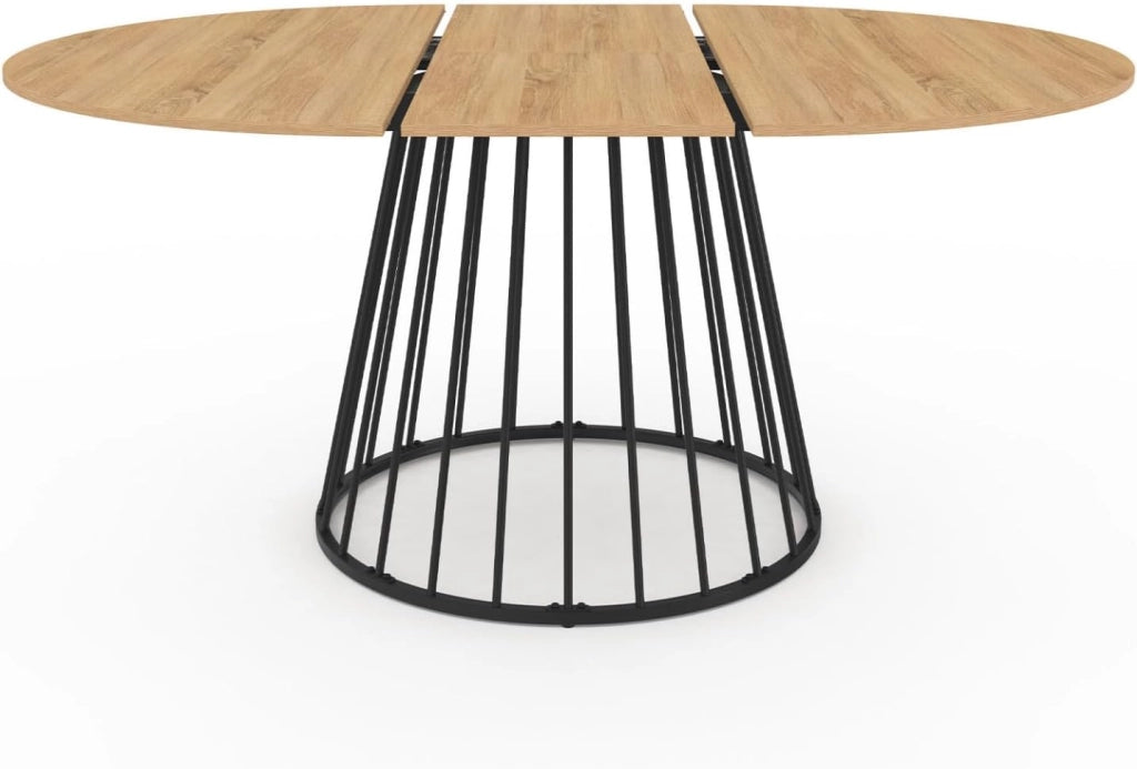 Tavolo da pranzo rotondo allungabile YUNA 4-8 persone con piano in legno e gamba in filo metallico nero 110-150 cm