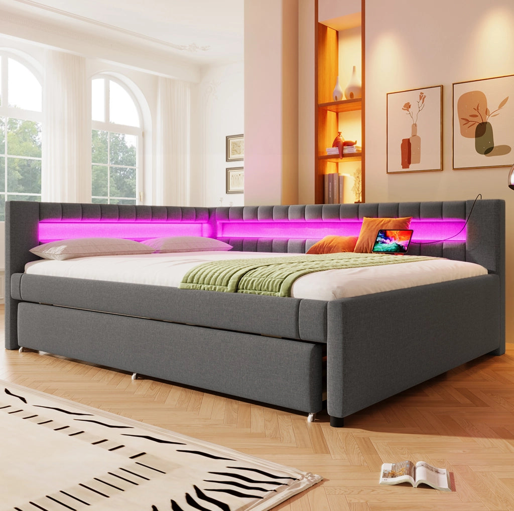 Letto 140x200 cm con letto estraibile e striscia LED in lino grigio