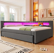 Letto 140x200 cm con letto estraibile e striscia LED in lino grigio