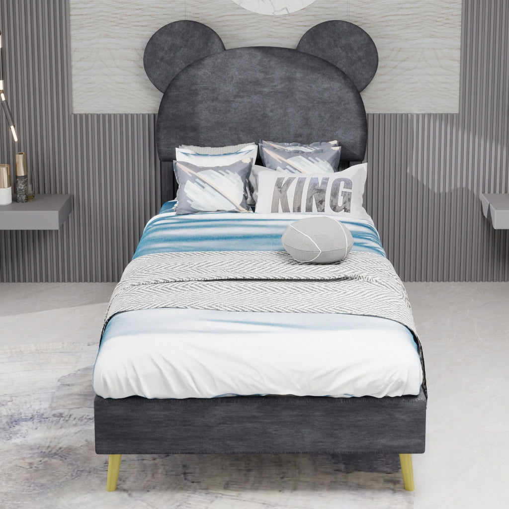 Letto Singolo 90x200 cm; Contenitore con Testiera Sagomata; in Tessuto e Metallo; Grigio