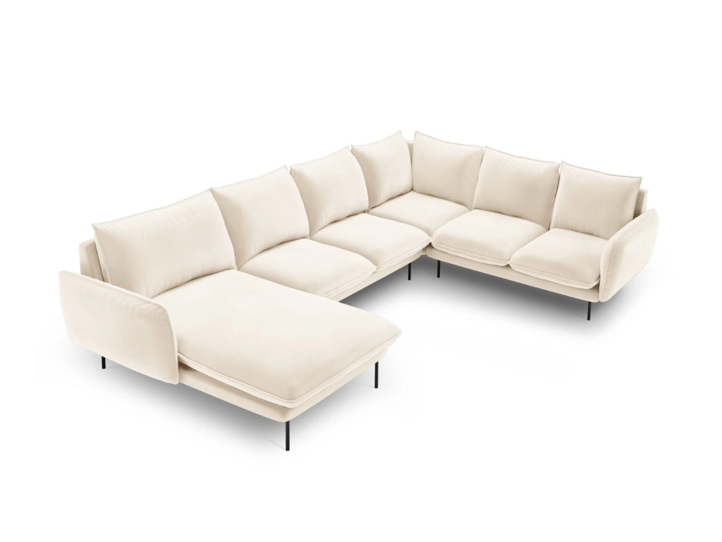 Cosmopolitan Design - Divano panoramico destro "Vienna" 7 posti in velluto beige chiaro 