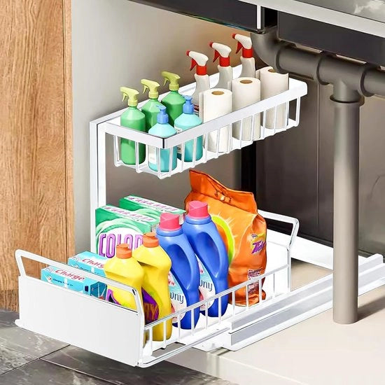 Organizzatore per asciugatrice in acciaio - 2 livelli sotto il mobile del water - inclusa cassetta estensibile - cassetta estensibile per la vasca - organizzatore e ripiano per erbe per cucina e bagno - in bianco