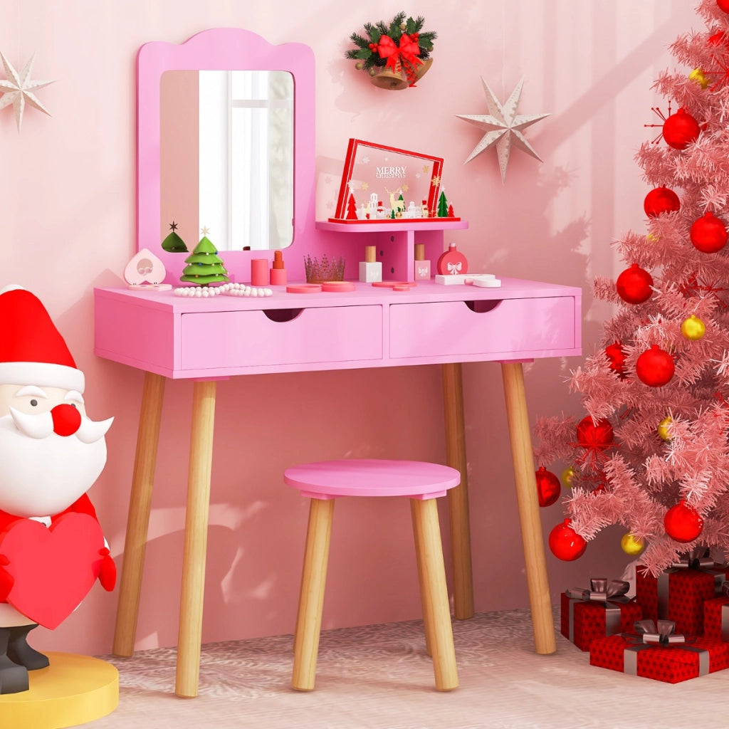 Postazione trucco bambina 2 in 1 toeletta e sgabello in legno per bambine, Postazione di compleanno natale per bambine Rosa scuro-Toelette per bimbi