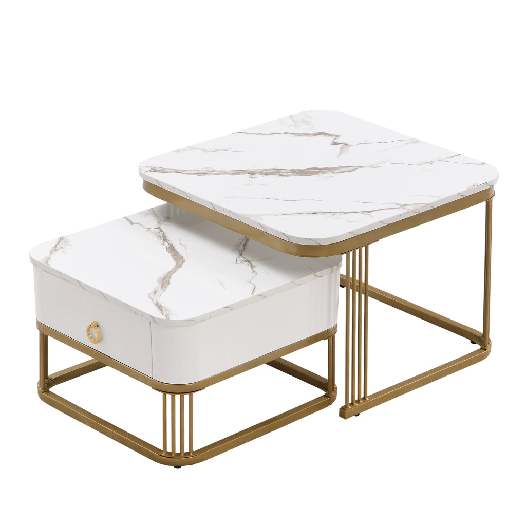 Tavolini bassi impilabili a scomparsa effetto marmo lucido in MDF bianco e oro con cassetto