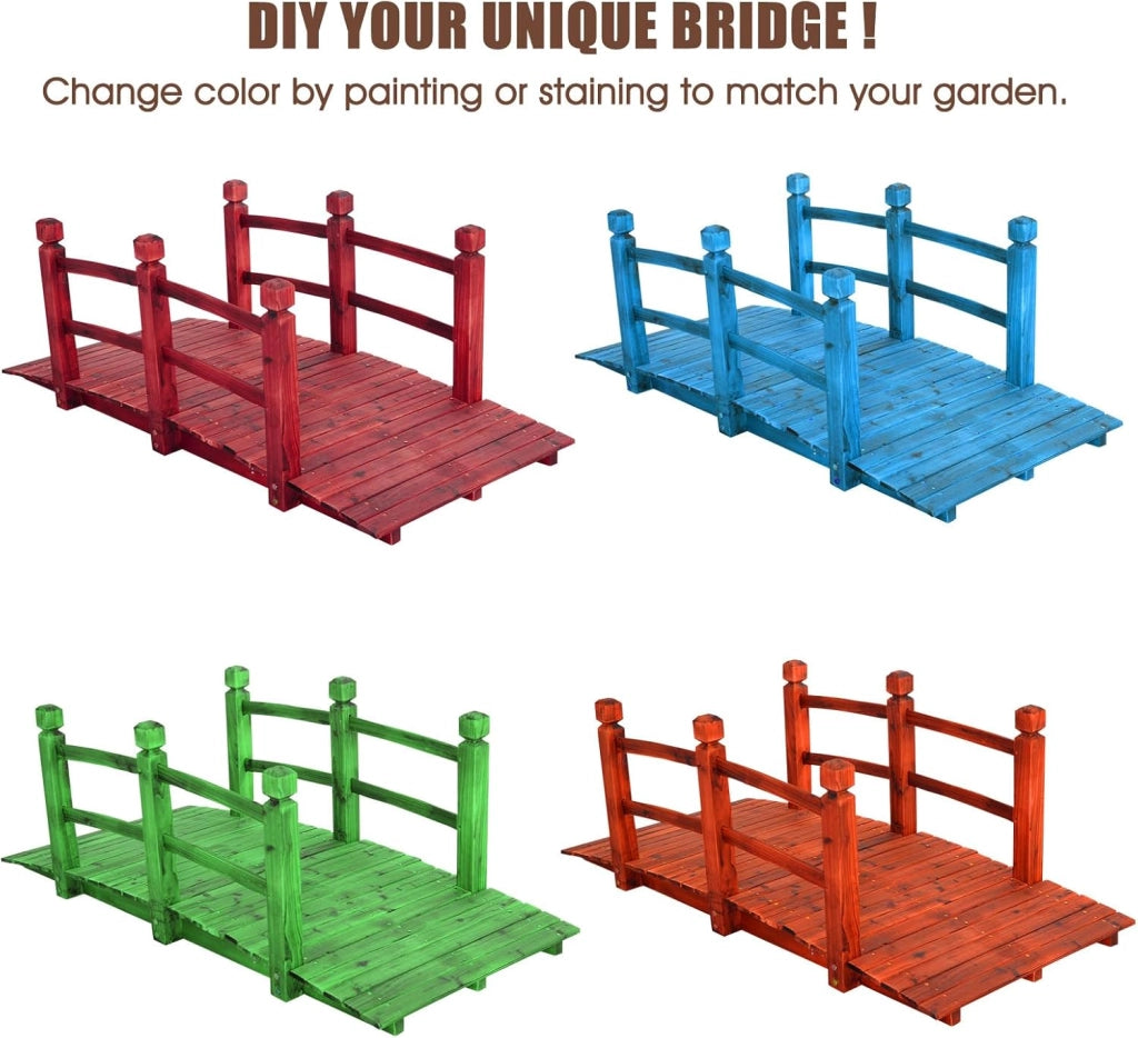 Ponte da Giardino in Legno di Abete Carbonizzato con Ringhiere, Ponticello Calpestabile per Giardino e Stagno Portata 100 kg, 150 x 67 x 55 cm, Marrone