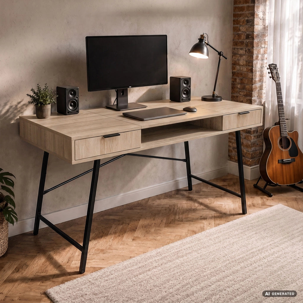 Scrivania industriale per computer Rovere Sonoma ARDEN 120 cm 2 cassetti 1 ripiano gambe nere