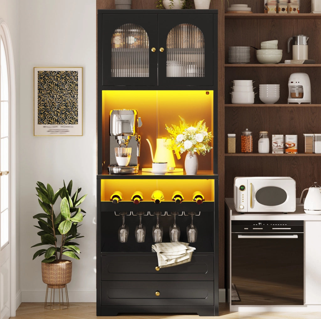 Credenza alta 70x40x180 cm con ante in vetro curve; LED con musica; MDF; nero