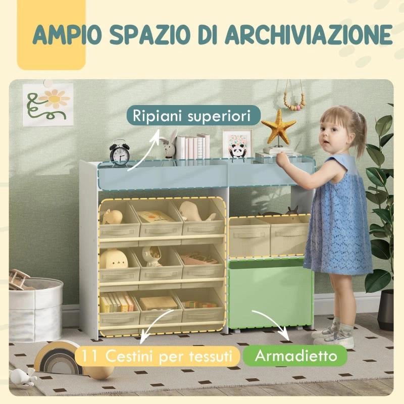 MOBILE PORTAGIOCHI PER BAMBINI CON 11 CESTINI IN TESSUTO, ARMADIETTO E RIPIANI, 105X30X80 CM, BIANCO