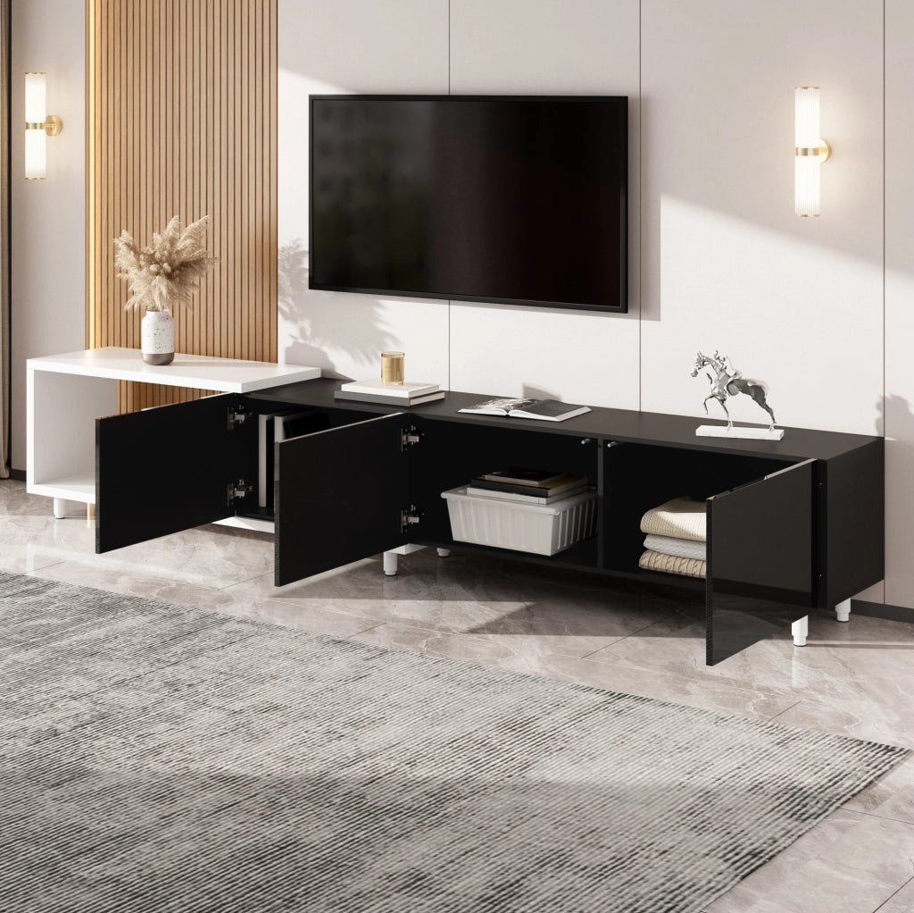 Mobile TV 258x38x48.5 cm allungabile con 3 ante; MDF e pannello truciolare; nero e bianco