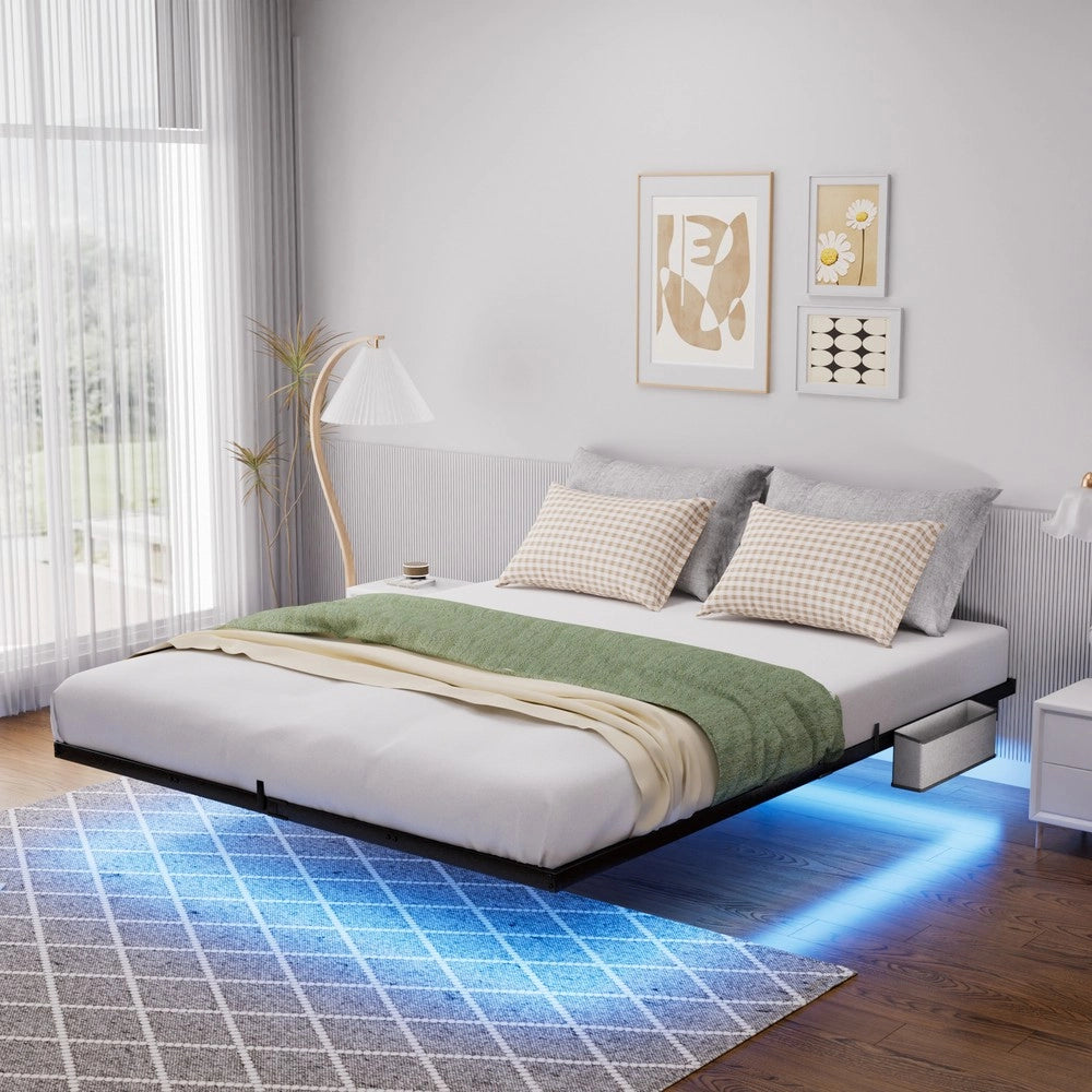 Letto Flottante in Metallo con LED ¨C MINIMAL ¨C Nero 140x200
