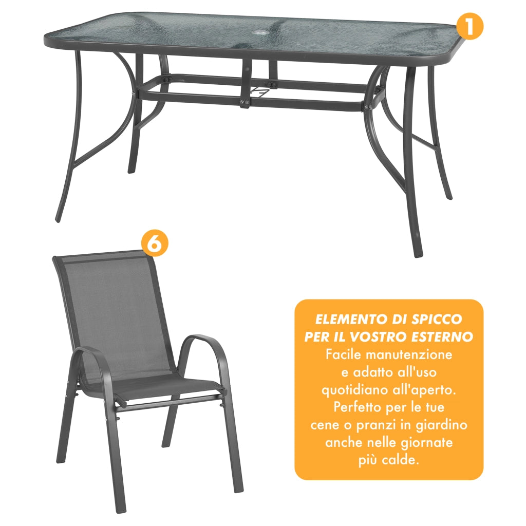Set Tavolo Sedie Da Giardino 7 Pezzi, Tavolo Da Pranzo Terrazzo In Metallo Piano In Vetro Con Foro  Ombrellone 6 Sedia Da Esterno Impilabili Con Schienale Alto,Veranda  Grigio