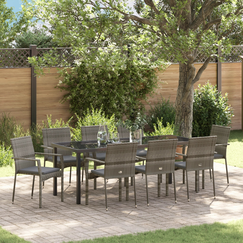 Set da Pranzo da Giardino 9 Pezzi con Cuscini Grigio Rattan Sintetico