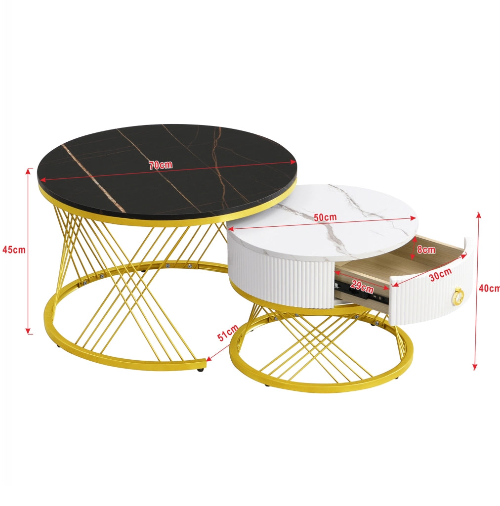 Set di 2 tavolini da caffè impilabili effetto marmo con cassetto; MDF e metallo; nero