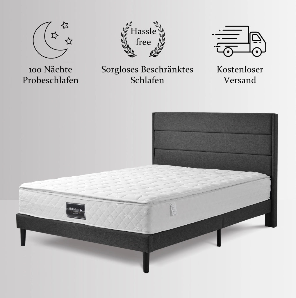 Letto imbottito 140x200 beige con contenitore, prese e materasso