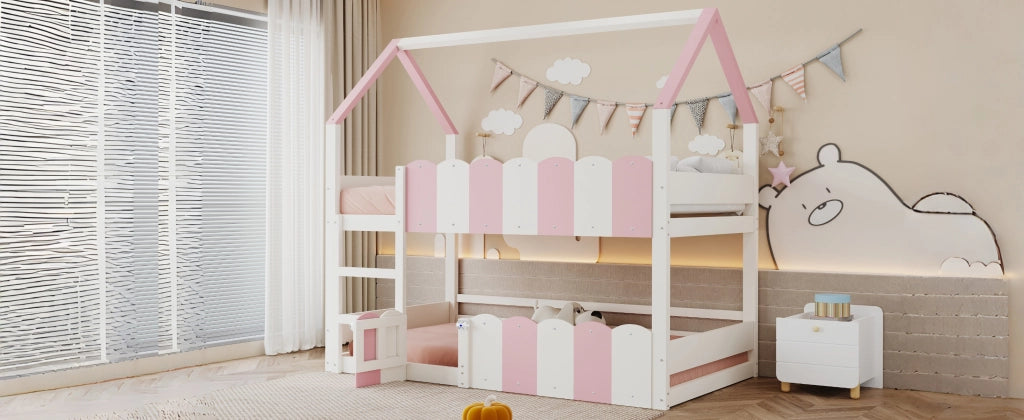 DESMIU Letto a castello per bambini 90 × 200 cm con porta, sponde di sicurezza, senza materasso, in legno, rosa