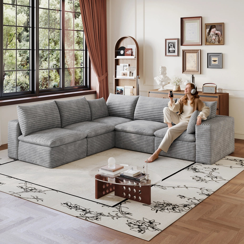 Divano Cloud 340cm ¨C MINIMAL ¨C Tessuto Velluto a Coste, Grigio Scuro, Imbottito, Sfoderabile