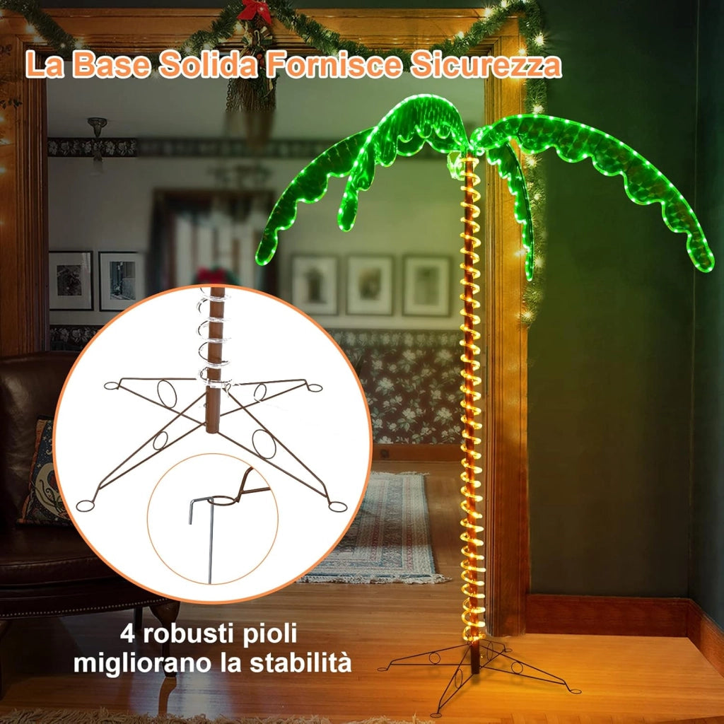 Palma Tropicale con Luci LED 136/168 cm, Illuminazione Esterna con Forma di Palma, con Base Pieghevole, Palma Realistica Decorativa per Feste e Esterno (168cm)