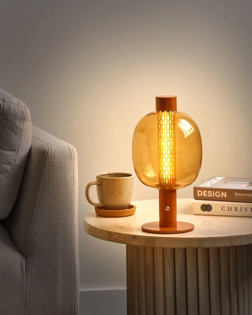 Lampada da tavolo a LED in alluminio con paralume in vetro marrone senza fili stile moderno