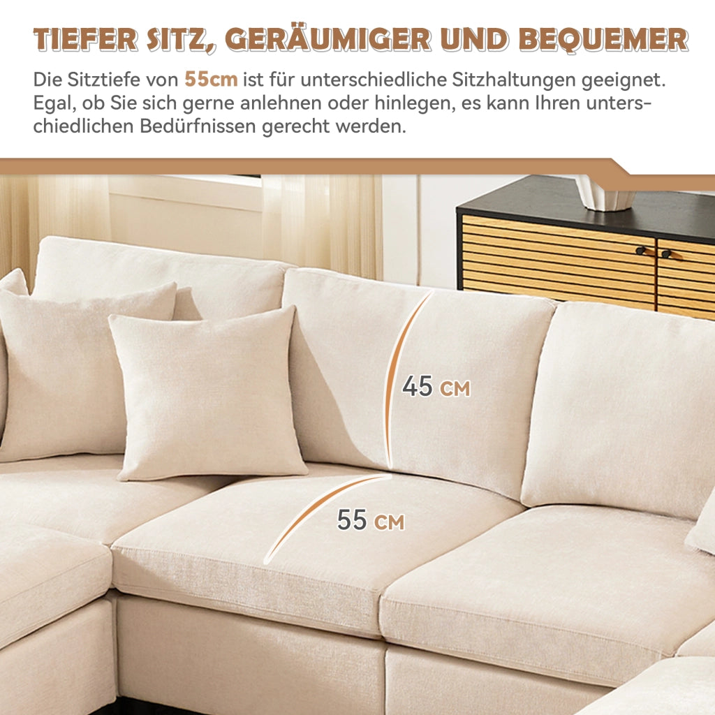 SOFA Modulare 278x161x81 cm in Chenille Beige con 2 pouf e 6 cuscini