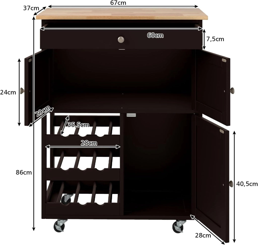 Carrello da cucina mobile con cassetto, porte e ripiani per bottiglie, isola di cucina con ruote e coperchio in legno di gomma, 67 x 37 x 86 cm, mobile di stoccaggio per sala da pranzo