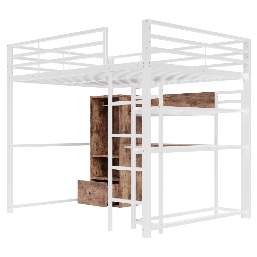 DESMIU Letto a soppalco 140 × 200 cm 1 posto con scrivania, ripiani e LED, senza materasso, bianco