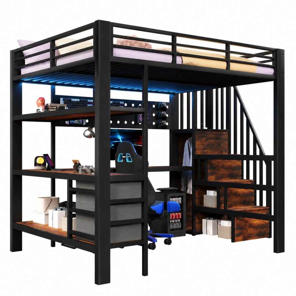 Letto a soppalco 140x200 cm nero con scrivania, cassetti, LED e presa