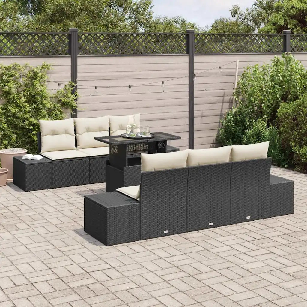 Set Divano da Giardino con cuscino 7 pcs Nero e Crema