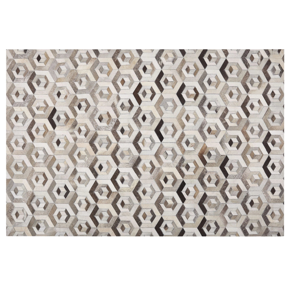 Tappeto rettangolare in pelle di vacchetta beige e marrone 160 x 230 cm Patchwork motivo geometrico retrò