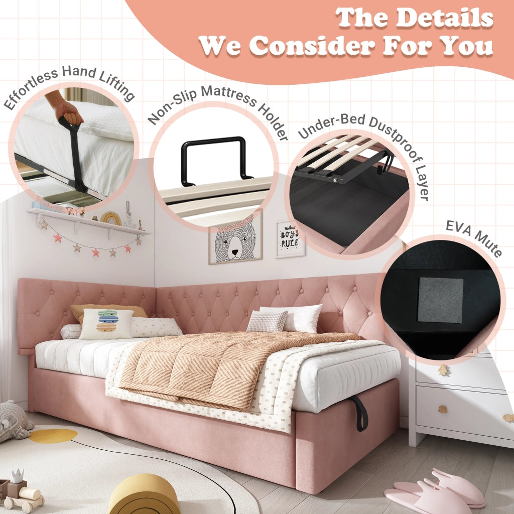 OKWISH Letto a Divano 90×190 cm, Letto Singolo con Contenitore, Testiera Reversibile e Rivestimento in Velluto, senza Materasso, Rosa