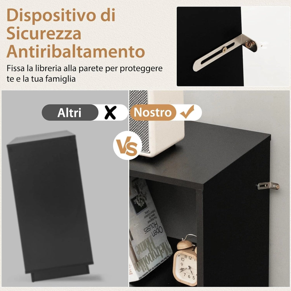 Scaffale a 6 Cubi, Libreria Aperta in Legno con Gambe Metalliche, Ripiani Regolabili in 5 Posizioni, Dispositivo Antiribaltamento, Scaffale per Casa e Ufficio, 120 x 35 x 79,5 cm (Nero)