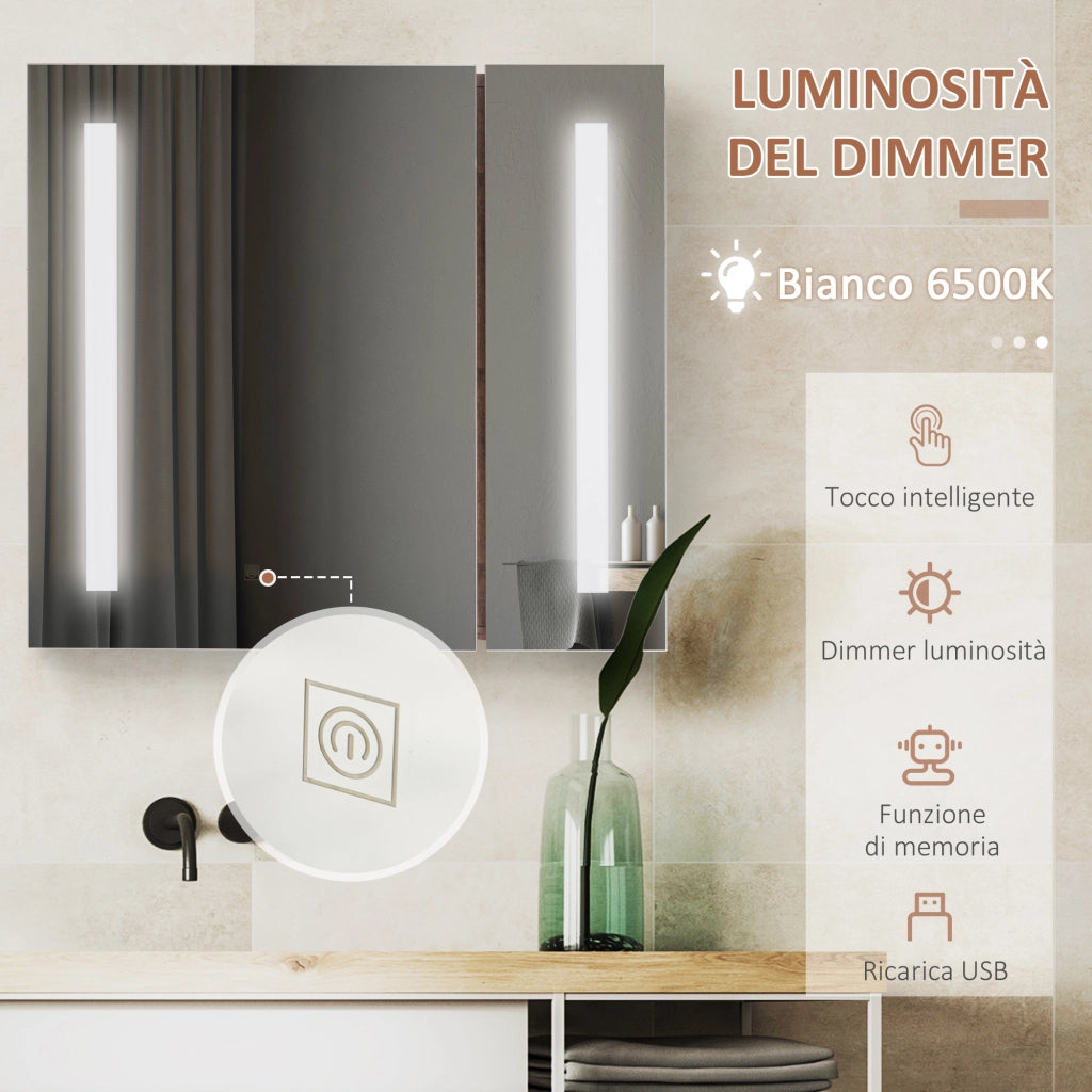 Specchiera Bagno con Luci LED Regolabili, 2 Ante e Mensola Regolabile, 70x15x65cm, Marrone