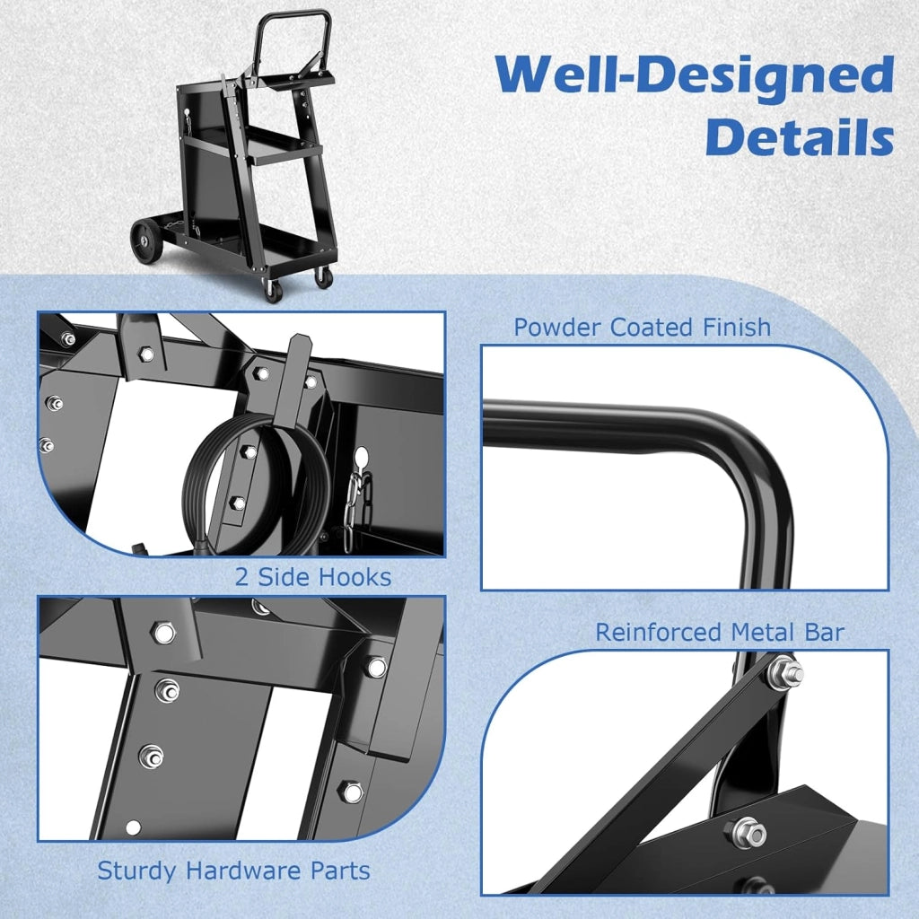 Carrello per officina, 3 livelli, con 2 catene di sicurezza e vassoio inferiore, 2 ganci laterali, carico 50 kg, 70 x 38 x 87 cm, per officina, garage