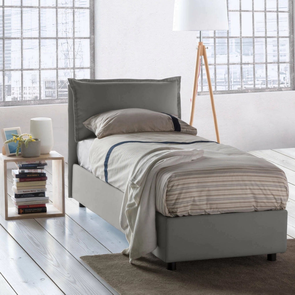 Letto singolo Animal, Letto contenitore con rivestimento in tessuto, Made in Italy, Apertura frontale, con materasso cm 90x190 incluso, Grigio