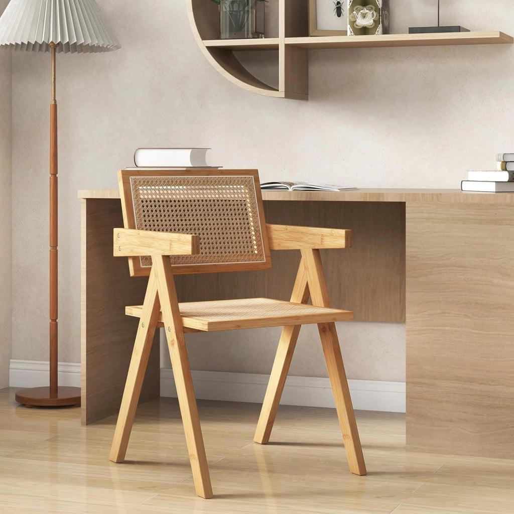 Set di 2 Sedie in Bambù 50 x 52 x 81cm, Sedie da Cucina Moderno con Schienale Ergonomico in Rattan, 4 Piedini in Feltro e Braccioli, Poltrone per Sala da Pranzo, Soggiorno e Ristorante (2)