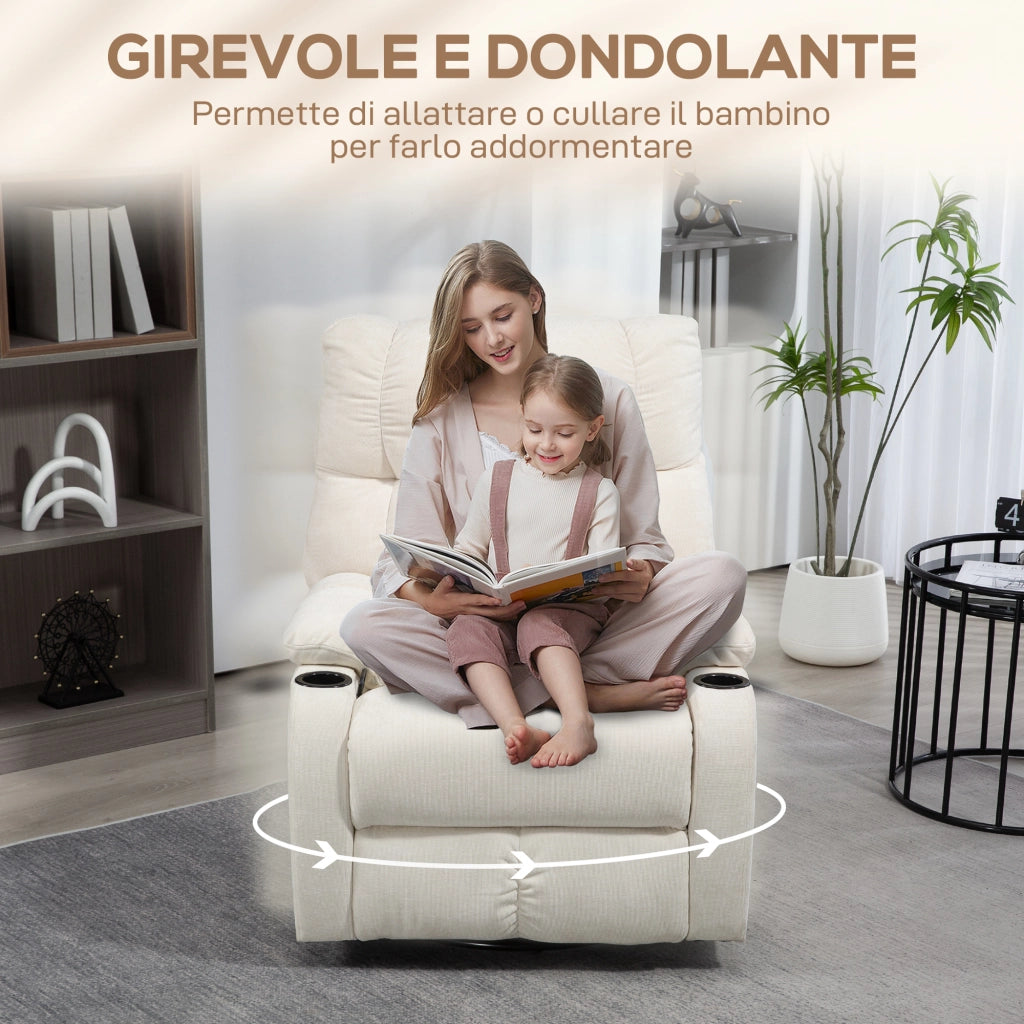 Poltrona Relax Reclinabile 135° 88x96x108 cm con Portabicchieri e Poggiapiedi in Tessuto Effetto Lino Beige