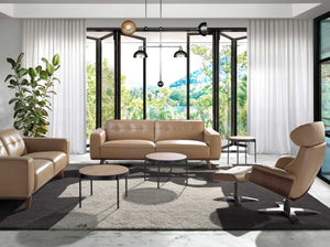 Tavolino rotondo in rattan, legno nero e acciaio nero