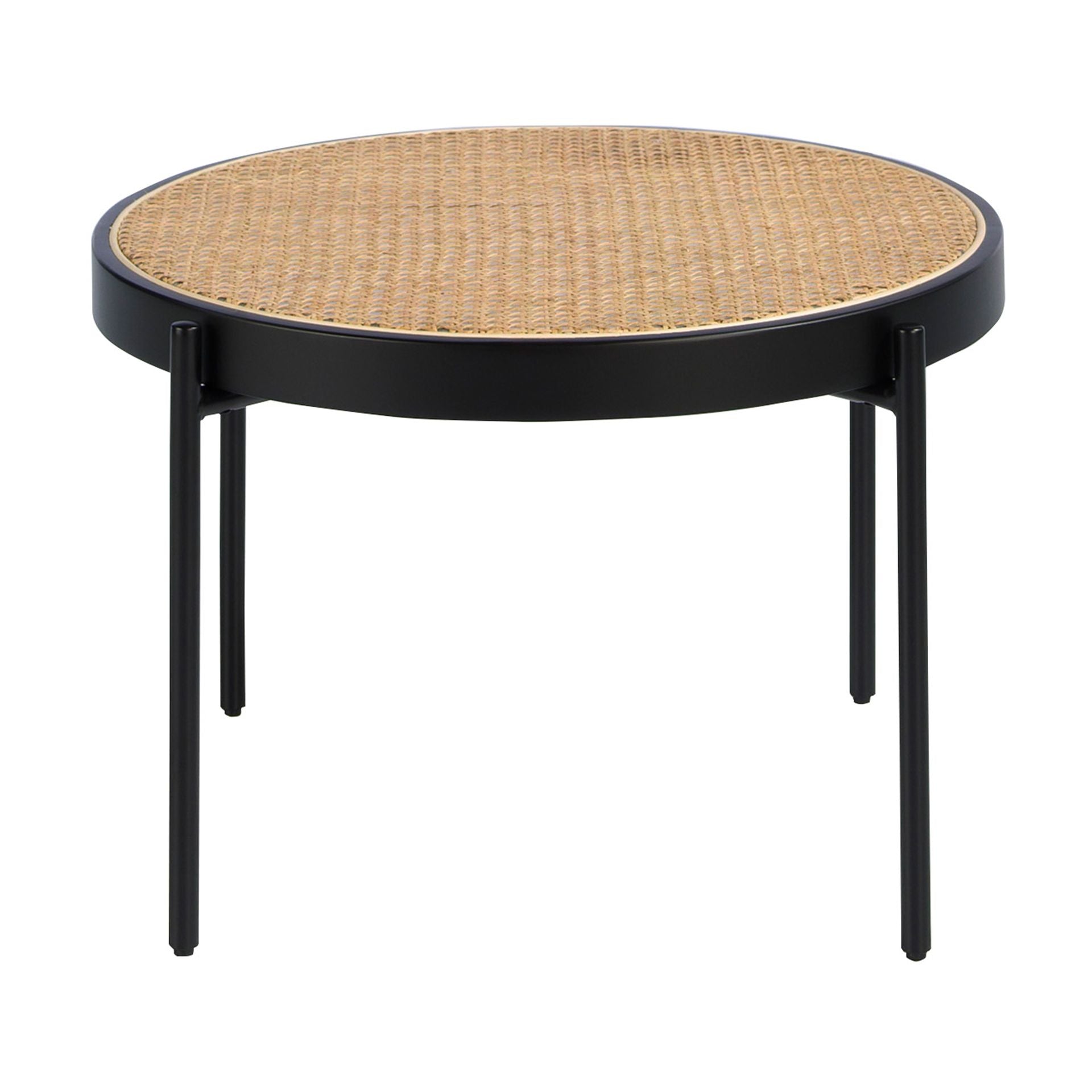 Tavolino rotondo in rattan, legno nero e acciaio nero
