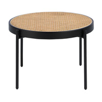 Tavolino rotondo in rattan, legno nero e acciaio nero
