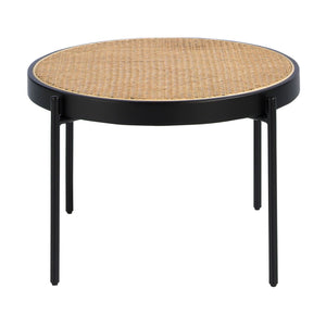 Tavolino rotondo in rattan, legno nero e acciaio nero